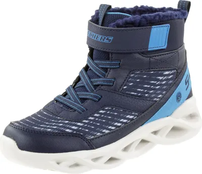 A single navy blue Skechers boot is shown against a white background.