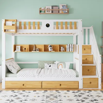 Produktbild von MODFU Etagenbett Kinderbett 90x200cm mit Treppe, Tafel, Regale und Regalkaste, Hochbett Hausbett mit Fallschutzgitter und 2 Schubladen, Massivholzbett Stockbett mit 4 Schließfächer in der Treppe, Jugendbett Bettgestell, Natur+Weiß