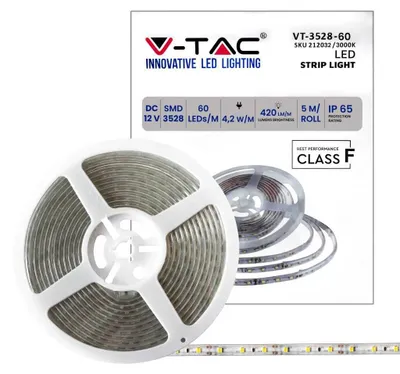 Immagine prodotto di V-TAC VT-3528 Striscia LED 12V SMD3528 5M 5W/M 60LED/M 85LM/W monocolore bianco caldo 3000K Waterproof IP65 - SKU 212032