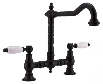 Immagine prodotto di PB Rubinetto da cucina in stile retrò, nero opaco, con bocca ad angolo e maniglie bianche 1208954673