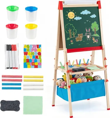 Produktbild von COSTWAY Kinder Tafel Holz, doppelseitige Spieltafel mit Magnettafel, Whiteboard, Papierrolle, 4 Farbbechern & Aufbewahrungstabletts, für Kinder 3+