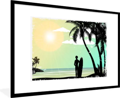 Produktbild von MuchoWow® MuchoWow® Gerahmtes Poster Strand - Palme - Sonne - Surfbrett 90x60 cm - Poster mit zchwarzem Bilderrahmen - Wanddekoration - Fotos