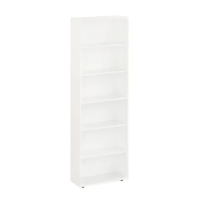 A white, six-shelf bookcase is shown against a white background.