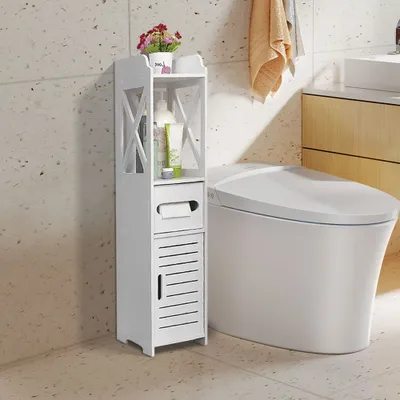 Image de Étagère de salle de bain Porte papier toilette avec porte d'armoire pour salle de bain de salon blanc