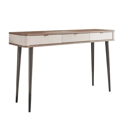 Produktbild von Konsolentisch NAVANI 130 cm 3 Schubladen Schminktisch Kaschmir + Nussbaum Schreibtisch Metallfüßen Soft-Close-System Konsole Make-up Tisch Griffe