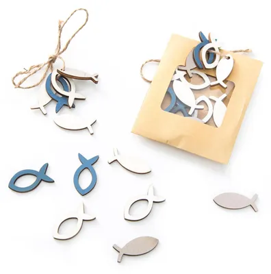 55 blaue Holzfische, Tischdeko, 3,5 cm