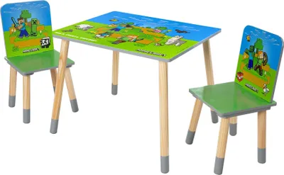 Produktbild von Kindersitzgruppe 'Minecraft' - Tisch mit 2 Stühlen aus Holz - Grün \ Blau