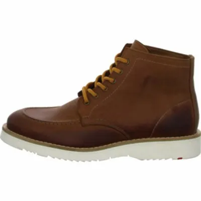 A side view of a brown leather boot with a white sole and yellow laces.