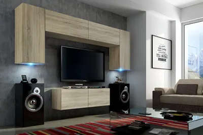 Produktbild von Furnitech Wohnwand Wohnzimmer - Hängend Wohnwand Modern - Regale und TV Schrank - Wohnzimmer Möbel ohne LED (Future C2/S/M4 1B)