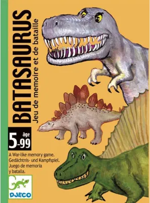 The image is the packaging for a dinosaur-themed memory and battle game for children. It features illustrations of three different dinosaurs.