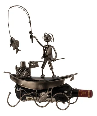 Produktbild von Moderner Wein Flaschenhalter Fischer im Boot aus Metall in silber Höhe 39 cm Breite 29,5 cm