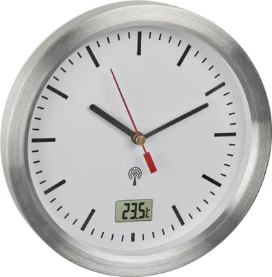 A close-up studio shot of a TFA analog radio-controlled bathroom clock with a temperature display.