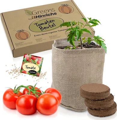 Immagine prodotto di Set per la coltivazione di ortaggi con semi di pomodoro, terriccio e sacco di iuta