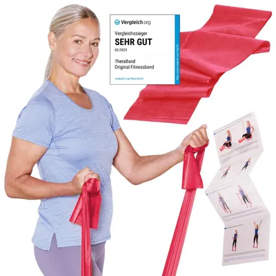 Produktbild von TheraBand 2,50m im PE Beutel mit Anleitung | Fitnessband | Gymnastikband | Stretchband für Ganzkörpertraining | Widerstandsband | Training Bands für Zuhause |100% Naturlatex (Rot)