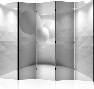 Produktbild von Akusticher Raumteiler 3D Effekt Foto Paravent 225x172 cm beidseitig auf Vlies-Leinwand bedruckt Akustikschaum Trennwand Spanische Wand Sichtschutz Home Office weiß Kugeln a-C-0098-z-c