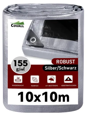 Obrázok produktu pre Vodotesná plachta s okami, 10x10 metrov, 155 g/m², strieborná/čierna