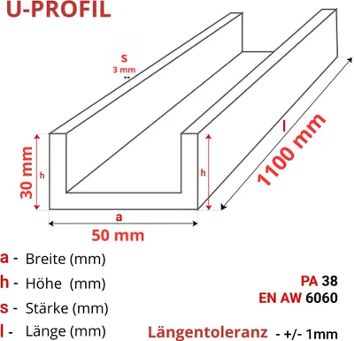 Produktbild von ALUMINIUM U-PROFIL 30x50x30x3 mm 110 cm ALUMINIUM PA38 + ZUSCHNITT NACH MASS