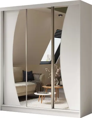 Produktbild von AGMAT Schwebetürenschrank Bergen, Kleiderschrank mit 2 Türen und Spiegel und 2 Schubladen, Moderne Garderobe in Farbe: Weiß / Weiß, Schrank in Größe: 180 x 216 x 61 cm