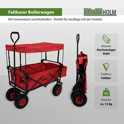 Produktbild von Bollerwagen faltbar mit Dach, PolyurethanRädern, Hecktasche und Teleskopgriff Falt-Bollerwagen