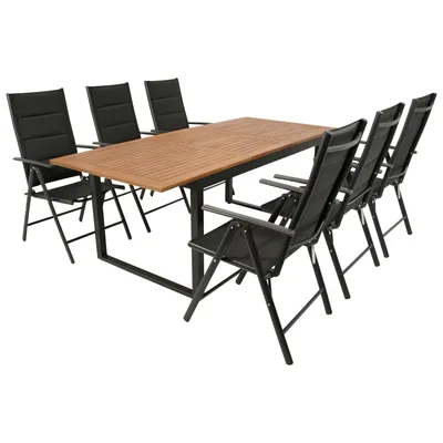 A seven-piece outdoor dining set with a wooden table and black chairs, presented against a white background.