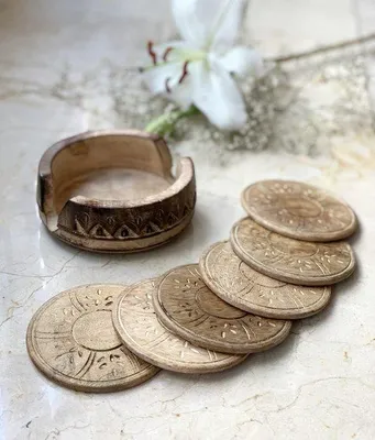 Obrázek produktu pro Sada 6 kusů dřevěných podložek, 10 cm, rustikální, protiskluzová ochrana