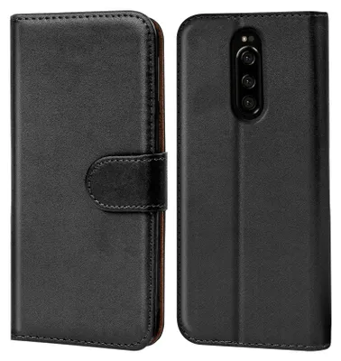 A black flip case for a Sony Xperia phone is shown from the front and back.