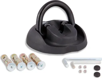 A black motorcycle security anchor with included mounting hardware, including bolts, an Allen wrench, and small metal balls.