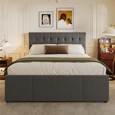 Produktbild von MODFU Polsterbett 140x200cm mit höhenverstellbarem Kopfteil, 3 Schubladen mit Unterbett 90x190cm, Doppelbett Leinen Stauraumbett, Grau(Ohne Matratze)