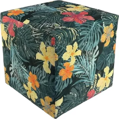 Produktbild von Velours-Hocker TROPIC 40x40 cm quadratisch – weicher Polsterhocker mit Blumenmuster – Grün