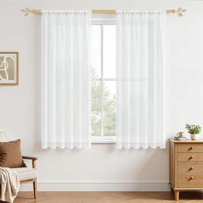 Obrázok produktu pre Voilové závesy s očkami – Polopriehľadné – Krátke – Vzhľad lnu – Záves – Tieniace závesy – Biele – 145 x 140 cm (výška x šírka) – vhodné do obývačky alebo spálne