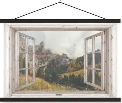 Produktbild von MuchoWow® Textilposter Aussicht - Wald - Herbst 150x100 cm mit schwarzem Rahmen - Schlafzimmer