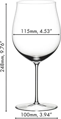 A clear, front-facing image of a wine glass with dimensions indicated.
