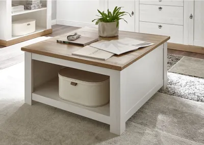 Produktbild von Landhaus Couchtisch mit Klappe & Stauraum LINARES-61 in Pinie weiß / Wotan Eiche Nb. - B/H/T ca.: 95/50/95 cm