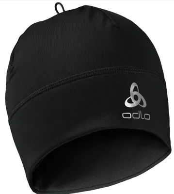 A black ODLO Polyknit Warm Mütze (beanie) is shown against a white background.
