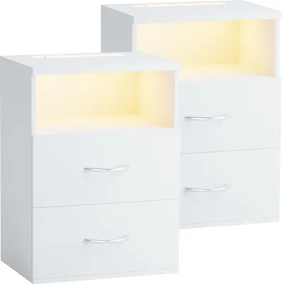 Zdjęcie produktu dla Zestaw 2 stolików nocnych z oświetleniem LED, białe, 55 x 40 x 28 cm