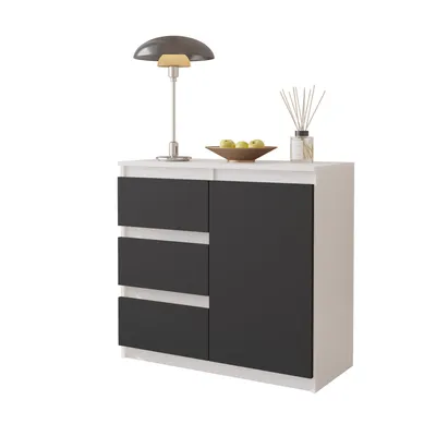 Produktbild von MIKEL - Kommode / Sideboard mit 3 Schubladen und 1 Tür - Weiß Matt / Anthrazit Grau H75cm B80cm T35cm
