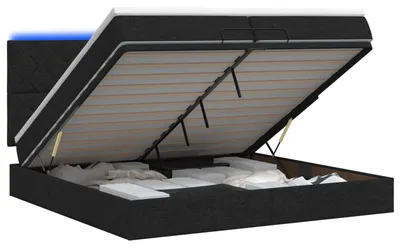 Image de Lit avec rangement et matelas LED, noir, 200 x 200 cm, tissu