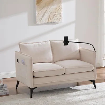 Image de OKWISH Canapé Droit - Avec Accoudoirs Pochette Latérale et Support Téléphone Réglable 2 Places Chenille Beige