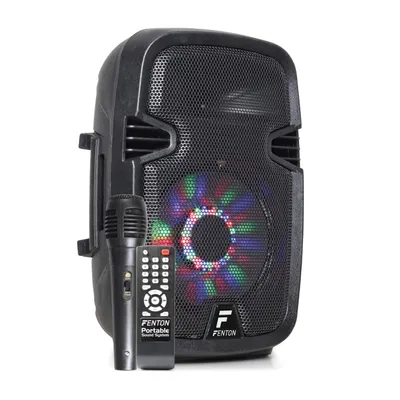Immagine prodotto di Altoparlante attivo Fenton FT8LED , woofer da 8" , potenza di uscita: 300 W , Bluetooth / USB / SD / MP3 / AUX-In , LED di visualizzazione nel woofer , batteria ricaricabile , maniglie per il trasporto , microfono a mano con cavo , telecomando