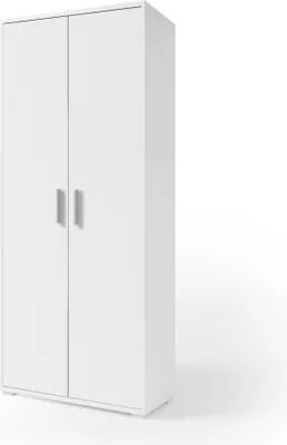 A white two-door cabinet with silver handles, shown from the front at a slight angle against a white background.