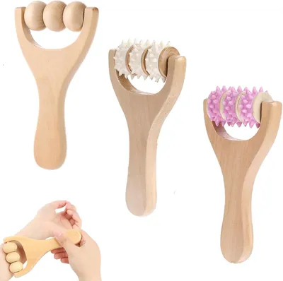 Image de Rouleaux de massage en bois, lot de 3, avec poignée, pour le dos, les jambes, les mains, les muscles, et pour la stimulation par points d'acupression
