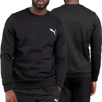 A man wearing a black Puma sweatshirt, shown from the front and back.