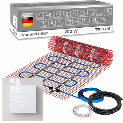 Produktbild von VILSTEIN Elektrische Fußbodenheizung 200W/m², für Fliesen Laminat und mehr, Komplett-Set, Twin Technologie Heizsystem, Fußboden Heizmatte, inkl. Thermostat weiß
