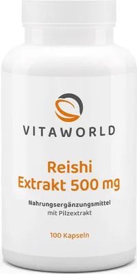 Produktbild von Vita World Reishi Extrakt 500 mg | 100 Kapseln | 1000 mg Reishi-Extrakt und 100 mg Polysaccharide pro Tagesverzehrmenge | vegan