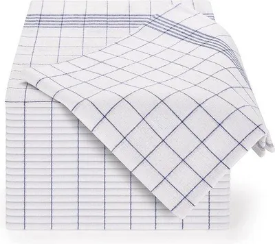 Zdjęcie produktu dla Zestaw 5 wysokiej jakości ścierek kuchennych Unyqoos® – 100% bawełna, niebieska w kratkę, 50 x 70 cm, gramatura 200 g/m², bardzo chłonne, można prać w temperaturze do 95°C, nadają się do suszenia w suszarce, z pętelką do zawieszania