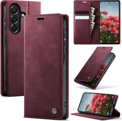 Immagine prodotto di Custodia in pelle per Samsung Galaxy A57, protezione RFID, chiusura magnetica, scomparti per carte e funzione supporto Rosso