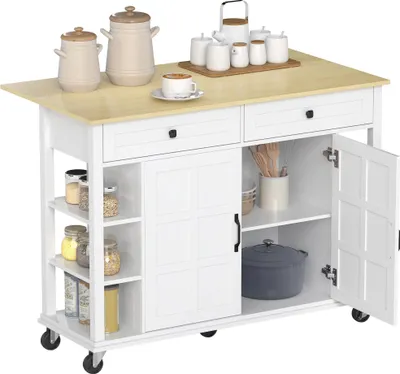 Image de Ilot de cuisine - Chariot de cuisine - Avec roulettes - Plan de travail rabattable - 2 portes avec Soft-Close - 2 tiroirs - 6 étagères ouvertes - A monter soi-même - Blanc