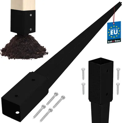 A black metal post anchor with a pointed end for ground insertion, shown with a wooden post attached to the square top and a pile of soil. Other components like screws and a separate anchor base are also displayed.