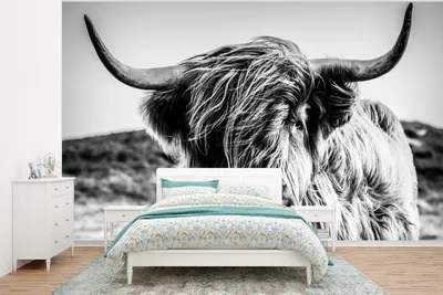 Produktbild von MuchoWow® Fototapete für Wohnzimmer oder Schlafzimmer Wandtapete Vinyl Motivtapete Schottischer Highlander - Natur - Kuh - Schwarz - Weiß - 320x240 cm - Tapeten