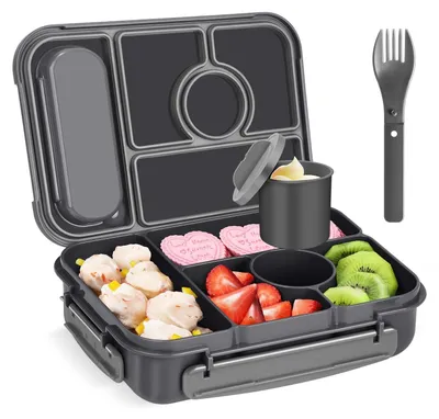 Produktbild von Lunchbox "Bento" mit 1300 ml Fassungsvermögen, 5 Fächern und auslaufsicherer Soßenbox